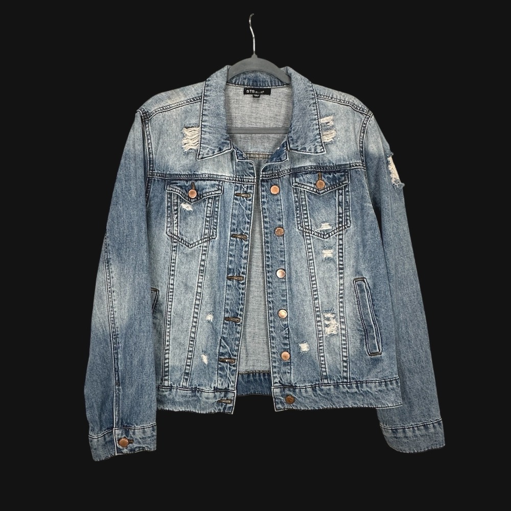 STS Blue Womens Distressed Denim‎ Jacket Light Wash Cotton Jean Jacket Size M